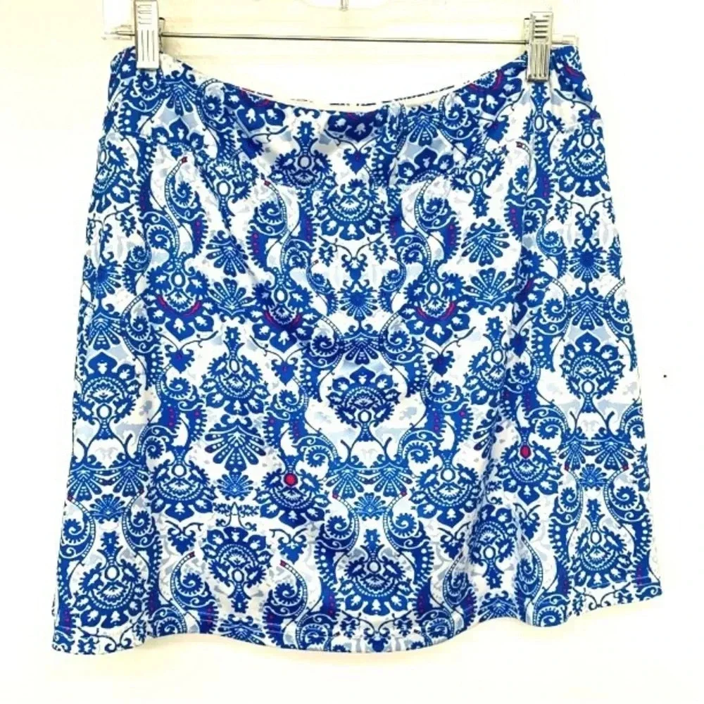 Ekouaer Skort Skirt XL Pull On Blue White Print Elastic Waist Tennis Pickelball‎